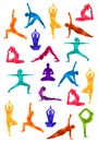 Detailed colorful silhouette yoga people illustration background.